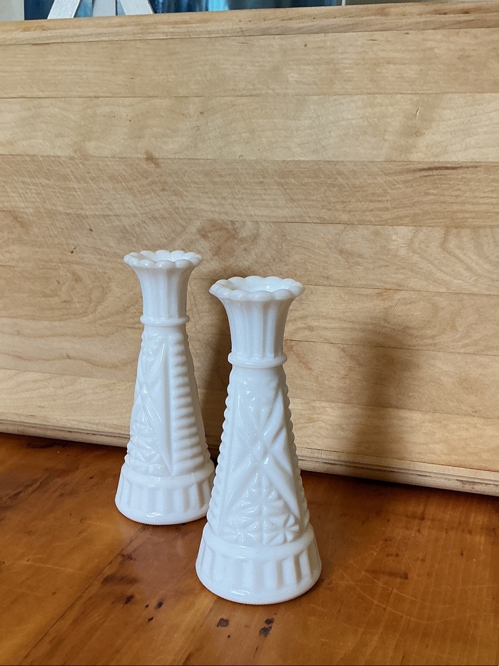 Vintage Anchor Hocking “Stars and Bars” White Milk Glass Bud Vases - Pair